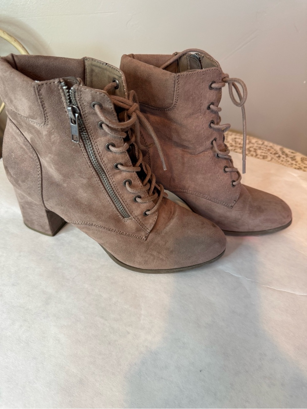 Madden Girl Taupe Suede Lace-Up Block Heel Ankle Boots